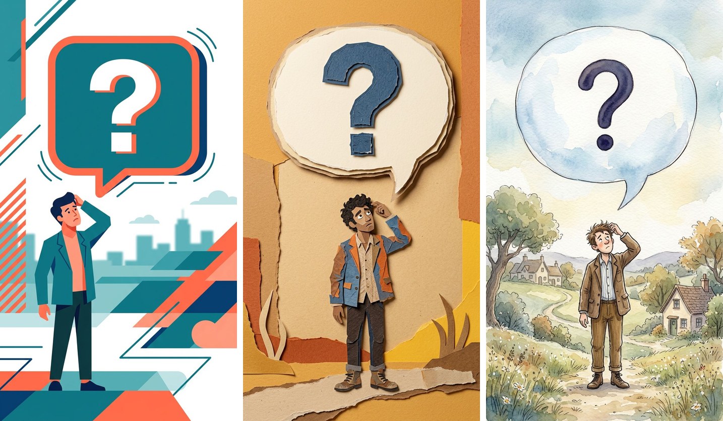 The same scene — a man looking up at a giant question-mark speech bubble — rendered in three styles: flat vector motion graphics, paper cutout collage, and watercolor storybook